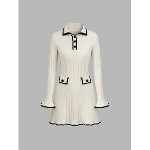 013 So Me Knit Collar Contrasting Binding Lettuce Trim Mini Dress